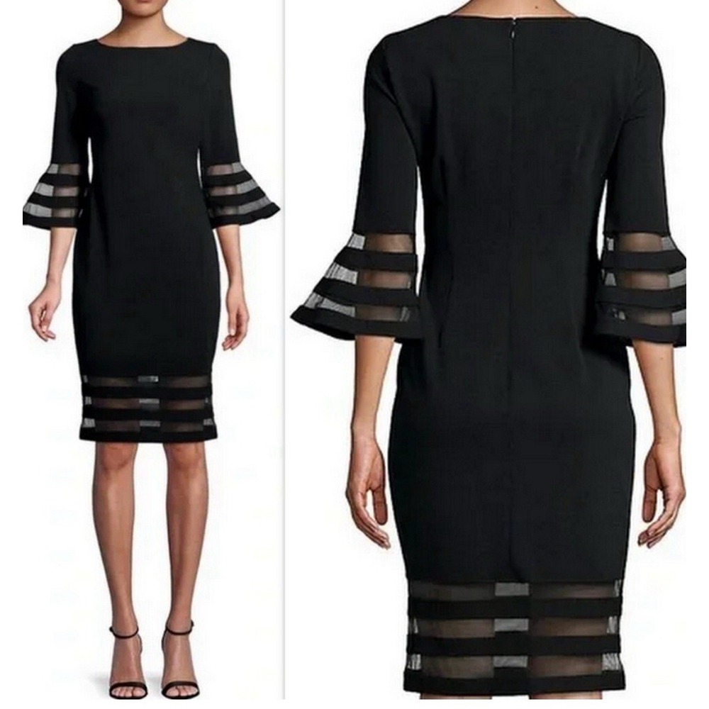 CALVIN KLEIN $119 Solid Black Crepe Stretch Mesh Bell Sleeve‎ Dress Size 10